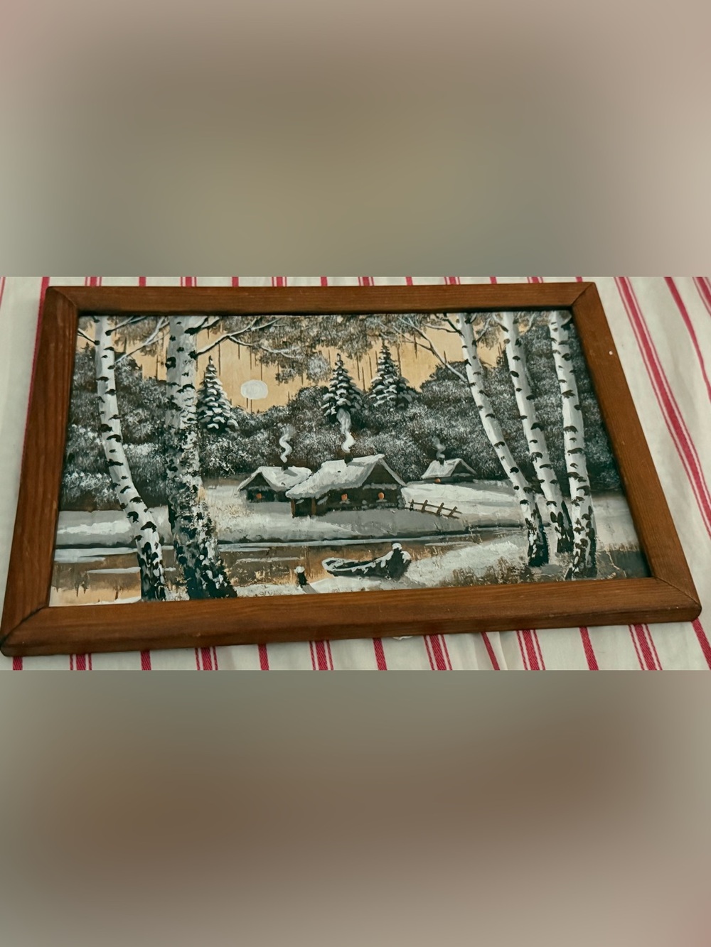 Framed Folk Art Winter Cabin Landscape Painting on Wood, Signed 2005